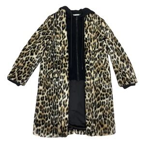 Alice & Olivia Kylie Leopard Print Faux Fur Mid-Length Coat in Camel, Size Large